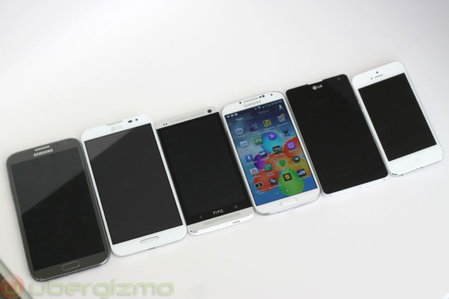 Left to right: Note 2, Optimus G Pro, HTC One, S4, Optimus G, iPhone 5