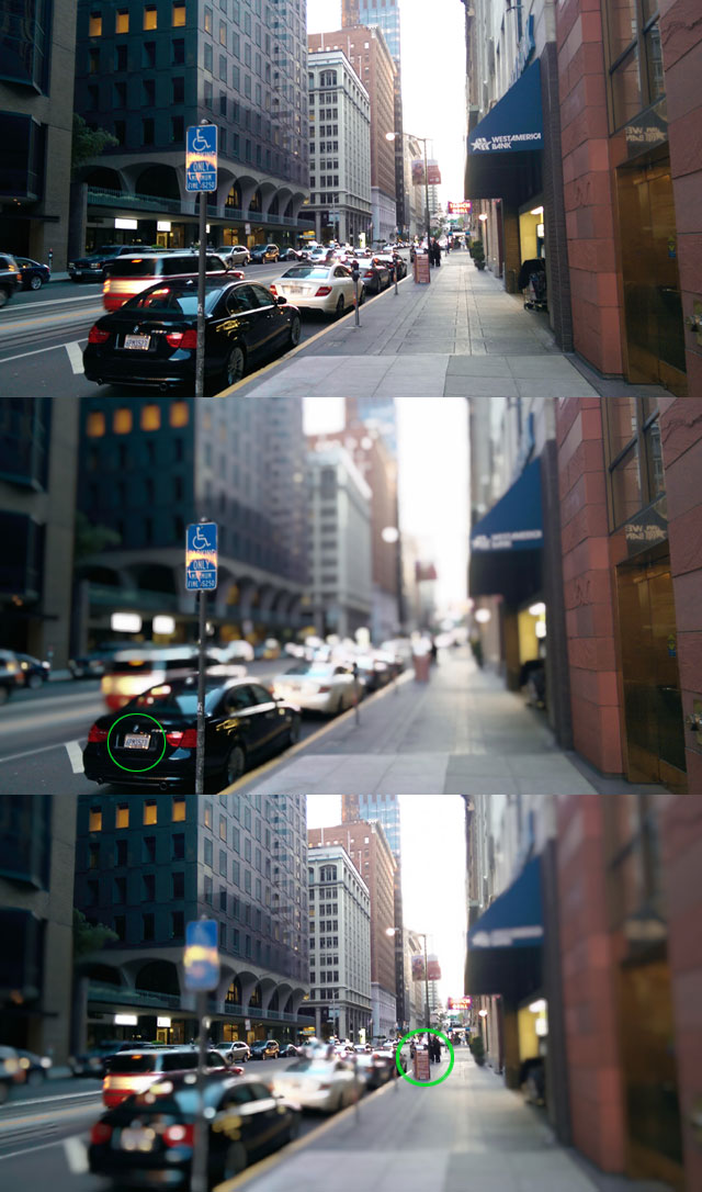 Ufocus in action: from top to bottom, the normal photo and two photos with a bokeh effect. The green circle shows where I set the virtual focus point