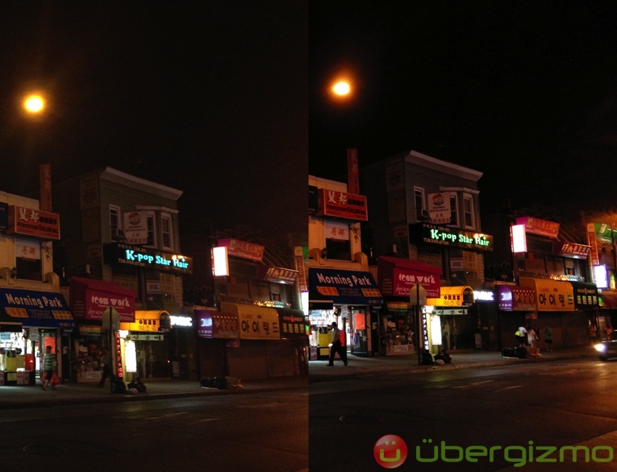 Low-light camera comparison: iPhone 5 (left) vs. Fire Phone (right).
