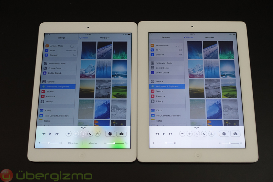 You can see the colors peaking through the translucent Control Center on iPad Air (left), but no such thing on the iPad 3 (right).