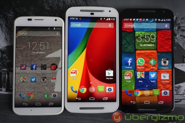 Left to right: 4.7" Moto X (2013) with 720p, 5" Moto G (2014) with 720p, and 5.2" Moto X (2014) with 1080p