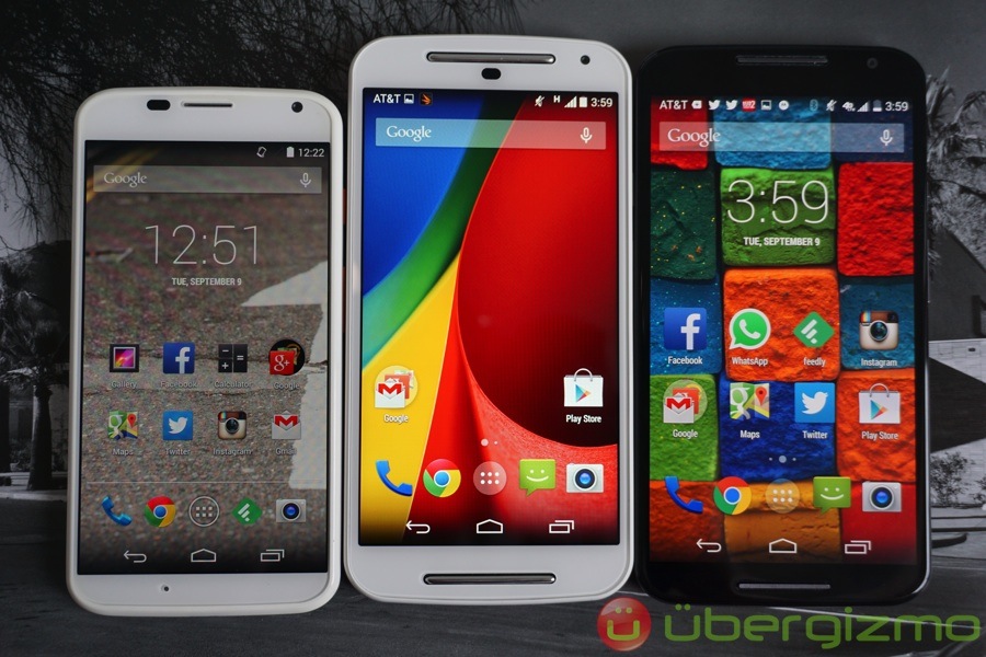 Left to right: 4.7" Moto X (2013) with 720p, 5" Moto G (2014) with 720p, and 5.2" Moto X (2014) with 1080p