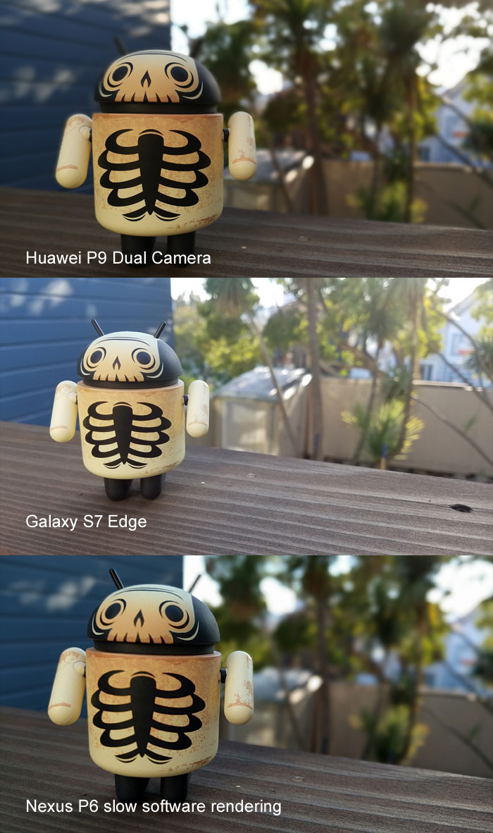 The Huawei P9 can produce better blur instantaneously, almost as good as the slow processing on the 6P