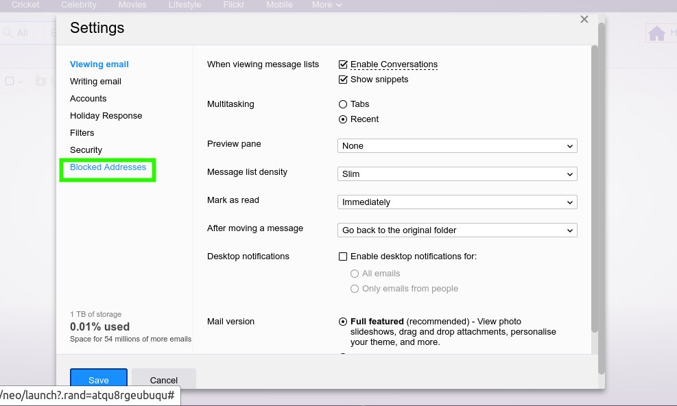 where is the settings icon on yahoo mail
