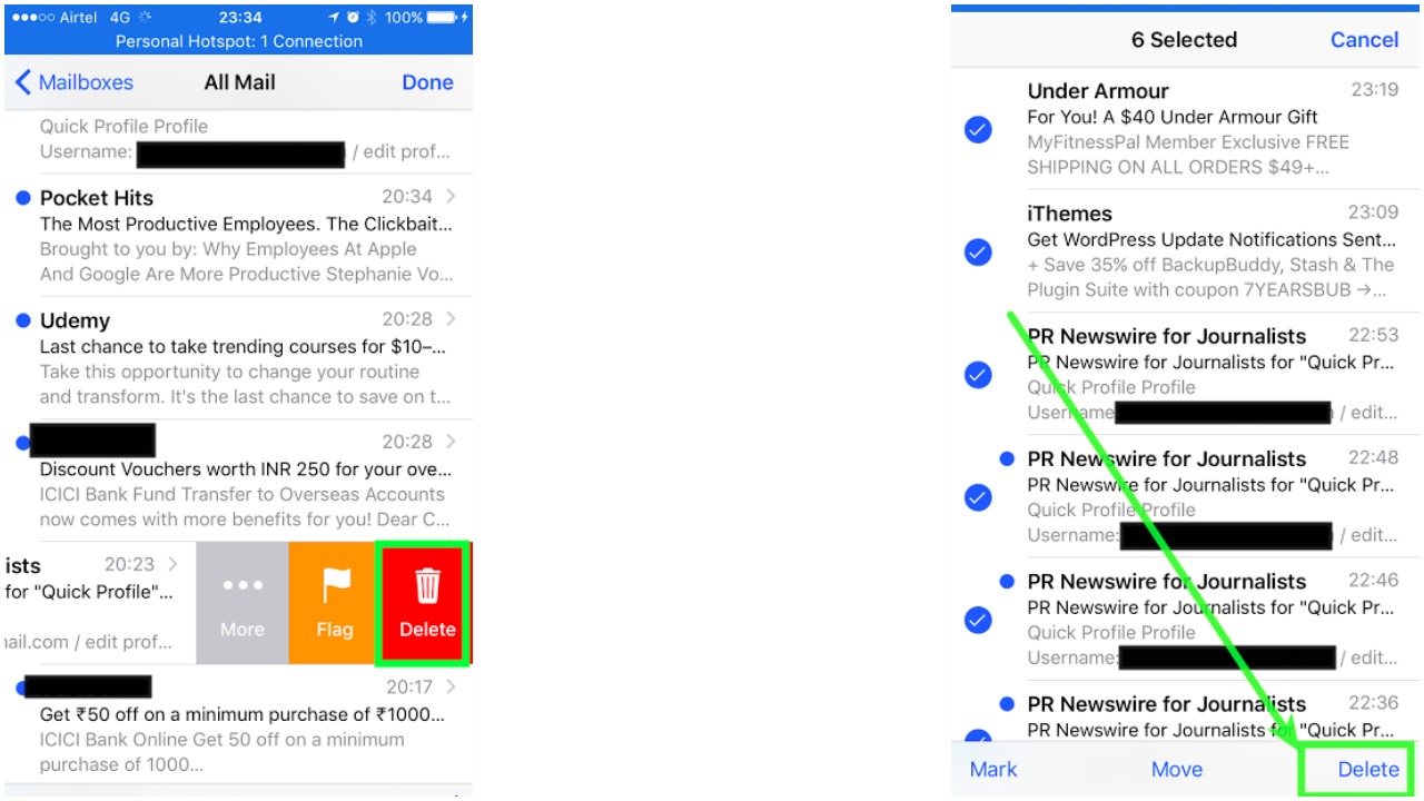 how to delete emails on mail app iphone