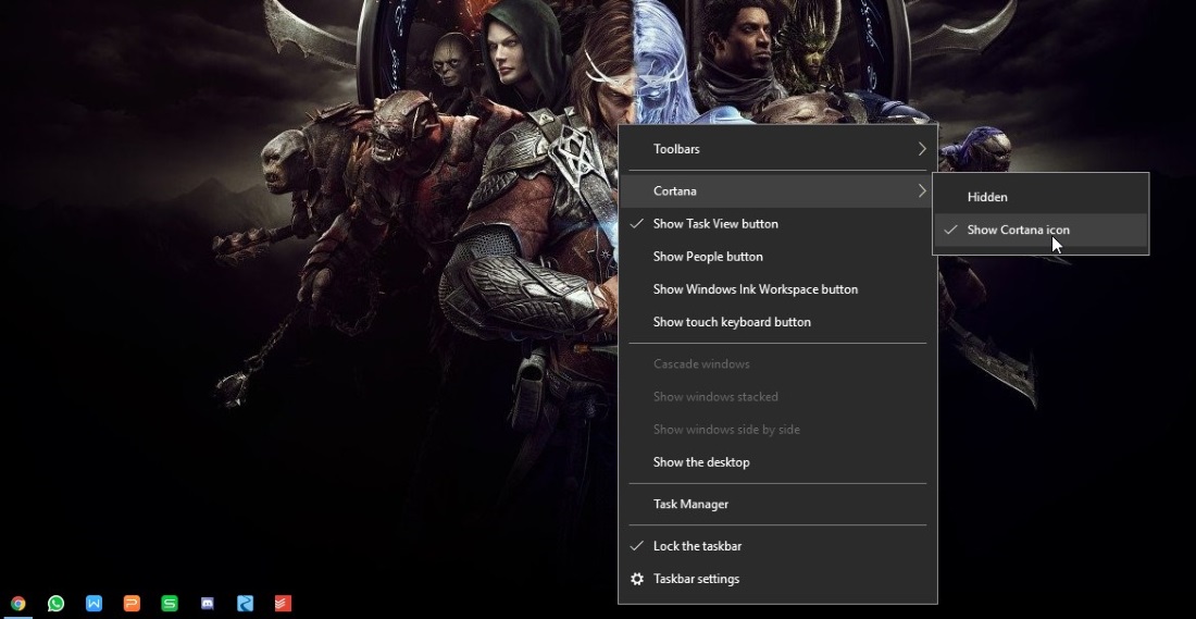 cortana show hide taskbar