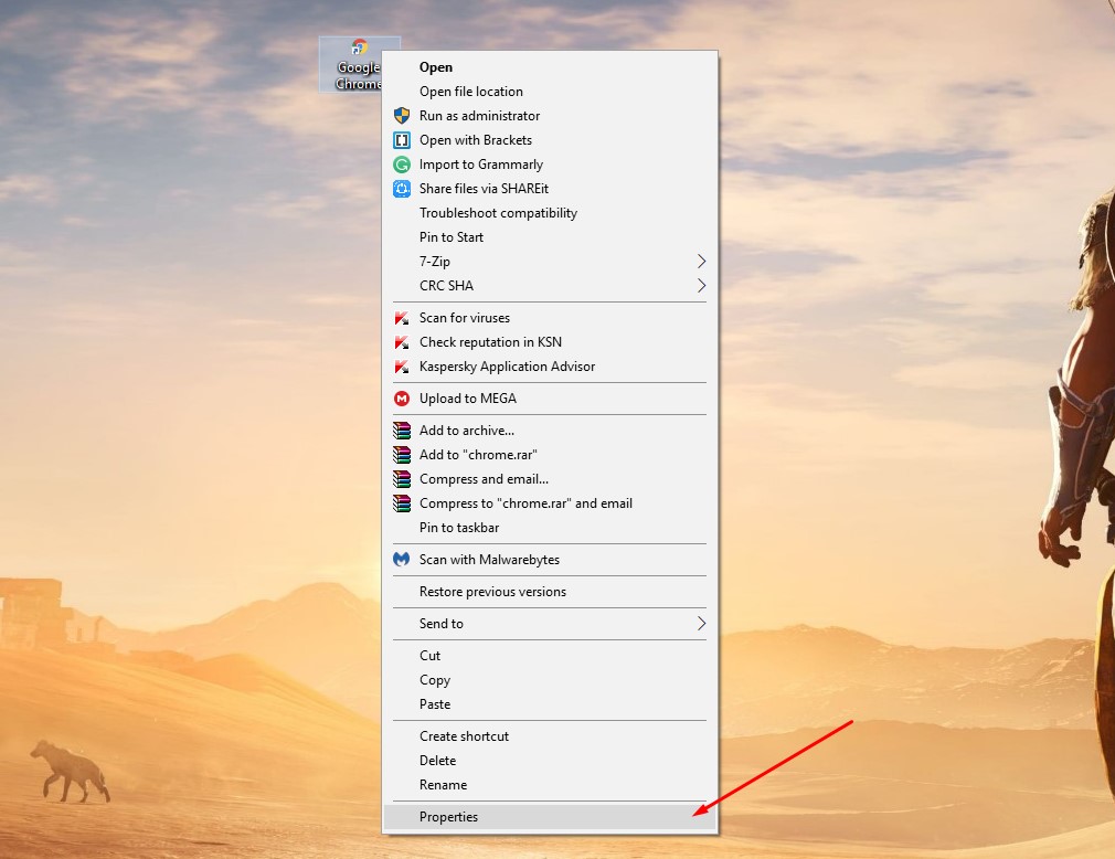 chrome shortcut properties