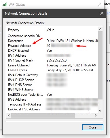 finding network mac address windows 10